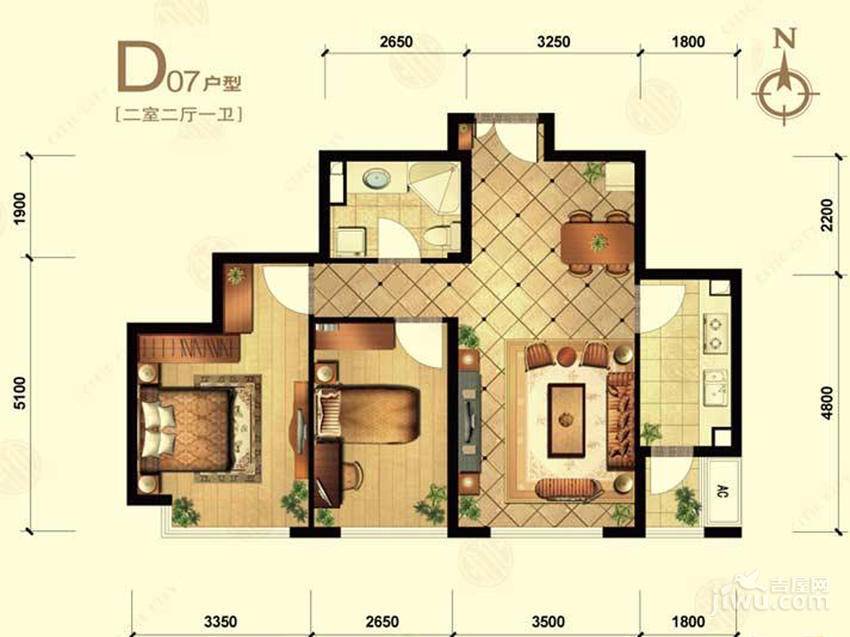 中信城2室2厅1卫87㎡户型图