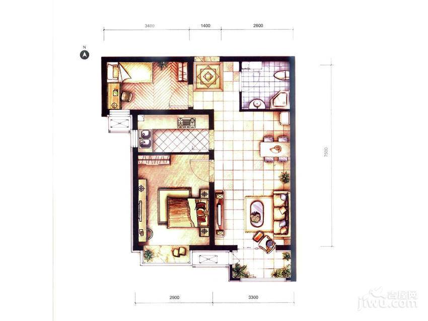 首开熙悦山熹园2室2厅1卫68㎡户型图