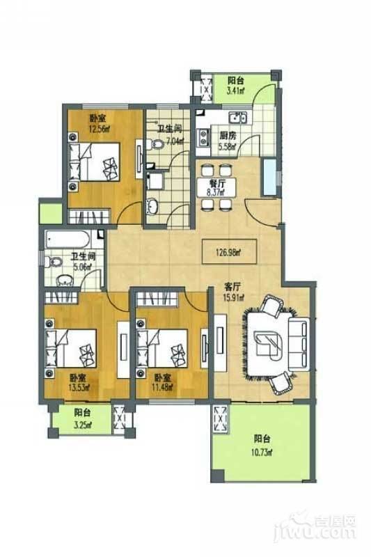 京东新城3室2厅2卫127㎡户型图