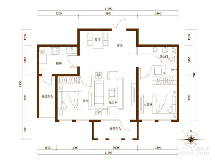 旭辉御府2室2厅1卫90㎡户型图