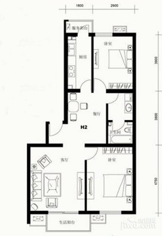 望都新地2室2厅1卫89.2㎡户型图