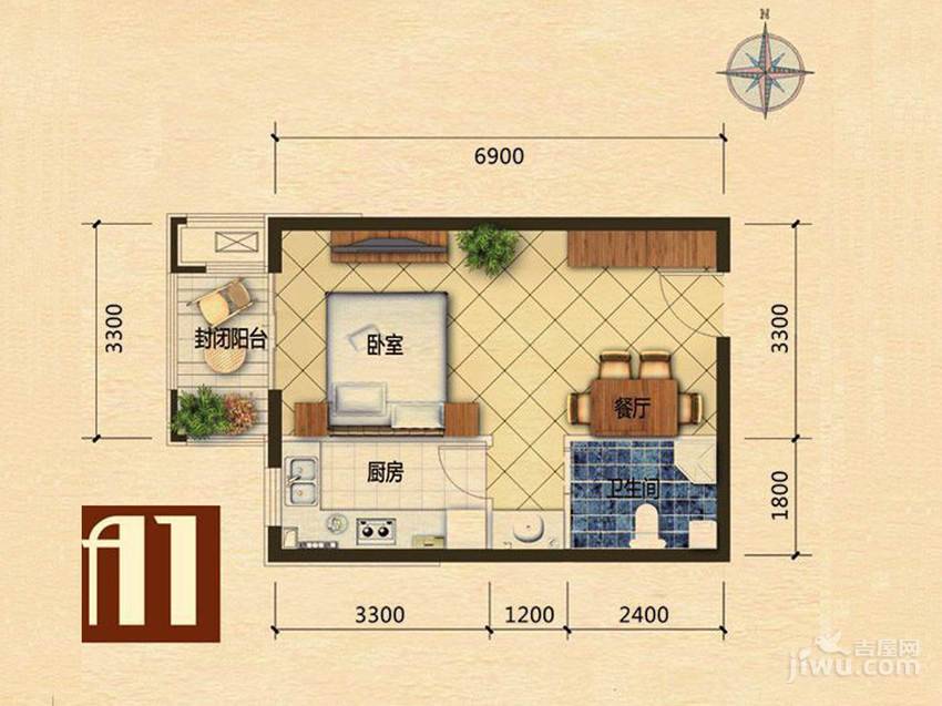 世嘉光织谷1室1厅1卫42㎡户型图