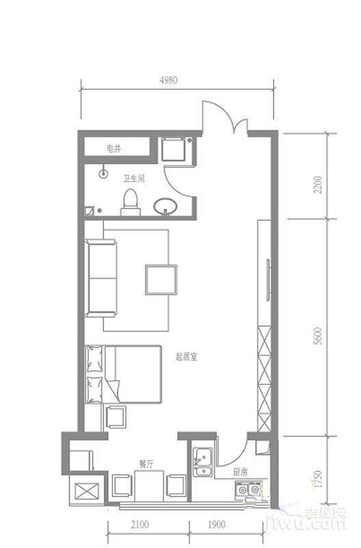 戛纳35号1室1厅1卫55.2㎡户型图