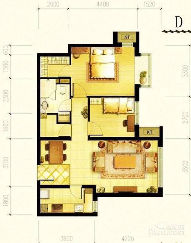 红山世家2室2厅2卫86㎡户型图