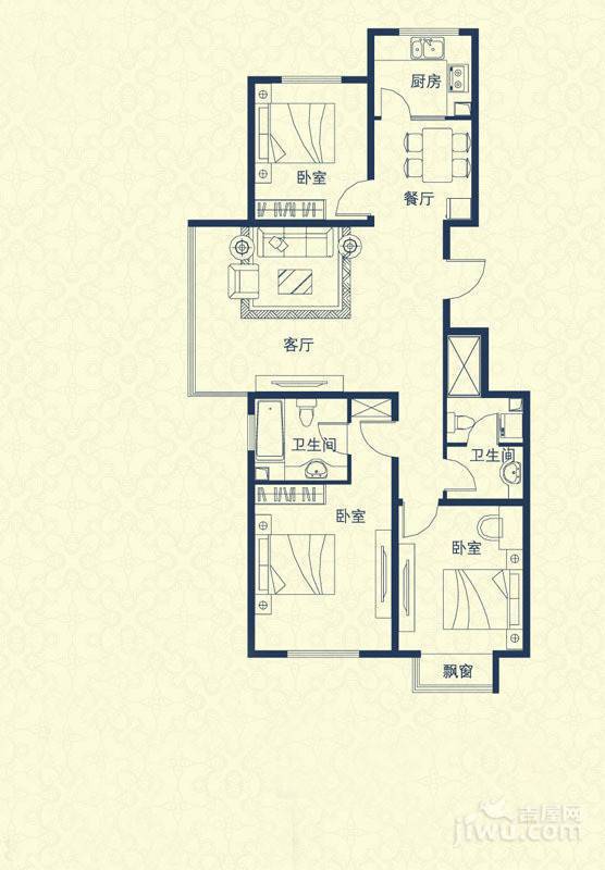 汇豪山水华府3室2厅2卫121.6㎡户型图