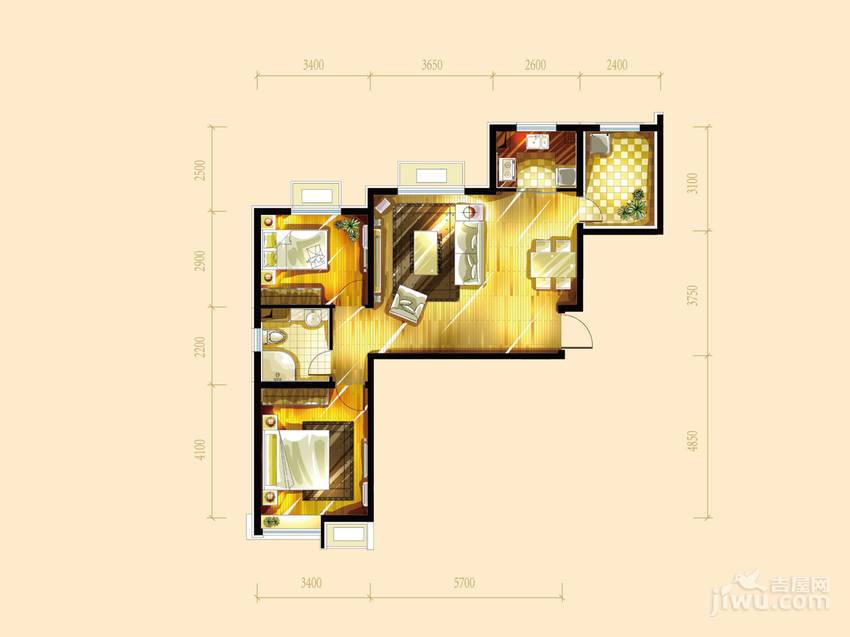 华远铭悦世家2室2厅1卫88.7㎡户型图