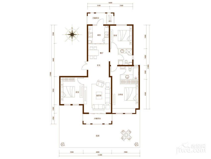 旭辉御府3室2厅2卫130㎡户型图