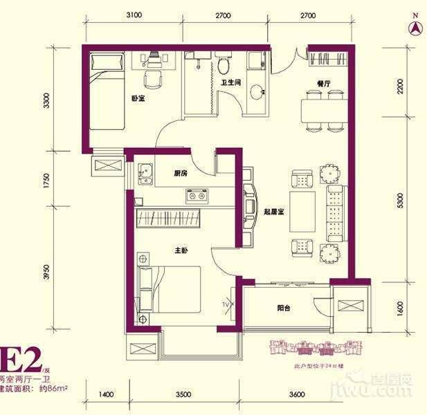 燕京航城2室1厅1卫78㎡户型图