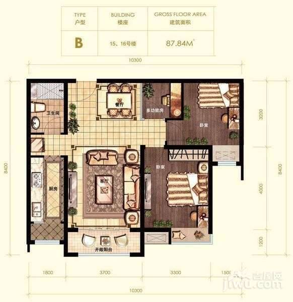 珠光御景(香河)3室2厅1卫87.8㎡户型图