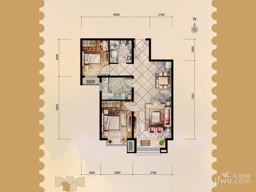 孔雀大卫城2室2厅1卫80㎡户型图