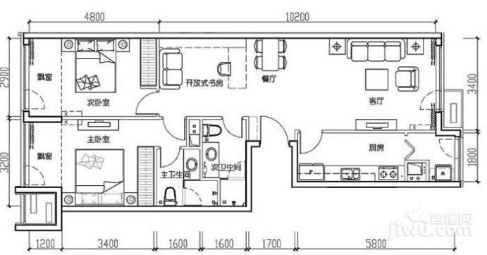 大西洋新城2室2厅2卫107.4㎡户型图