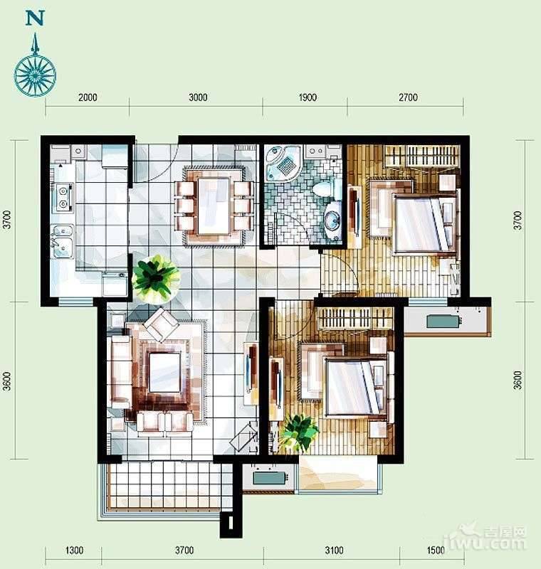 孔雀大卫城2室2厅1卫89㎡户型图