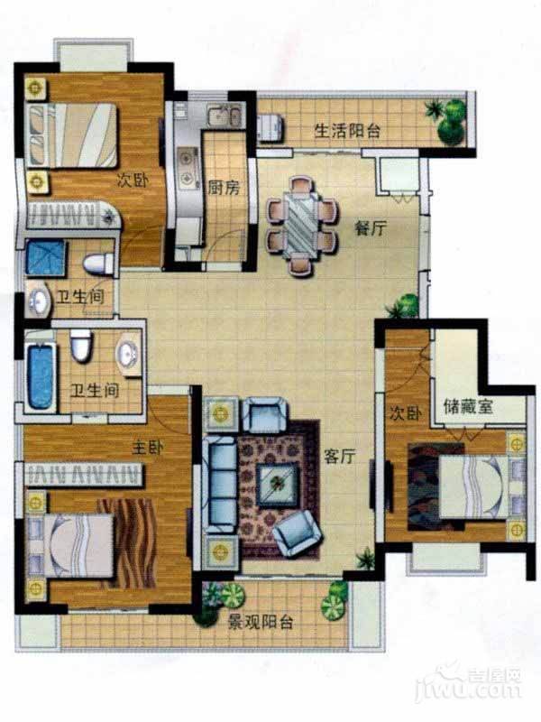 富兴华庭3室2厅2卫128㎡户型图