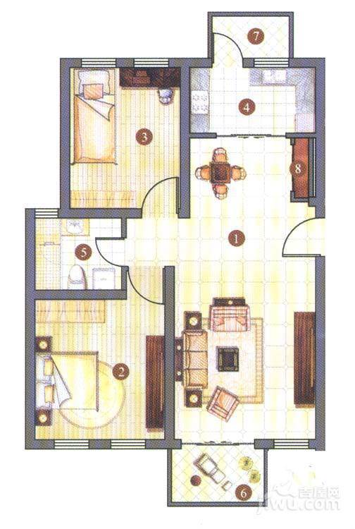 上海捷克住宅小区2室2厅1卫89.3㎡户型图