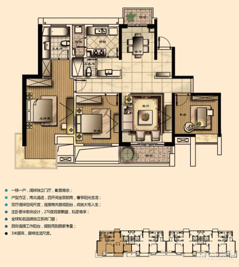 经纬城市绿洲三期观澜泓郡3室2厅2卫150㎡户型图