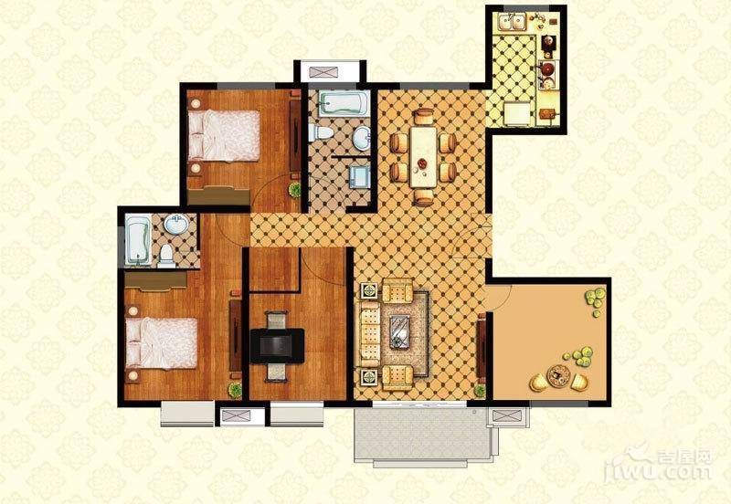 君邑地中海别墅3室2厅1卫138㎡户型图