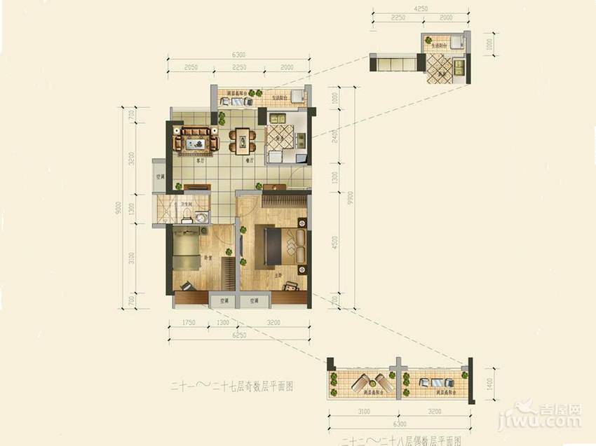 满京华喜悦里2室2厅1卫54㎡户型图