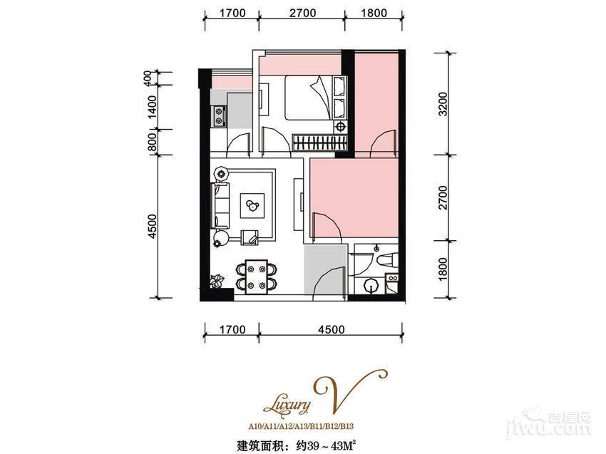 御锦公馆2室1厅1卫39㎡户型图