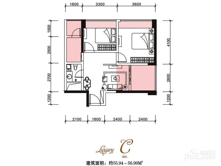 御锦公馆2室1厅1卫55㎡户型图