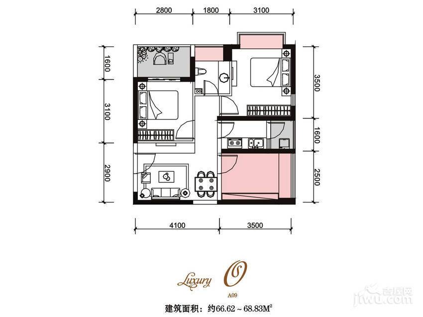 御锦公馆3室1厅1卫66㎡户型图