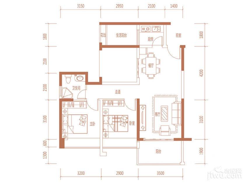 泊郡雅苑2室2厅1卫84㎡户型图