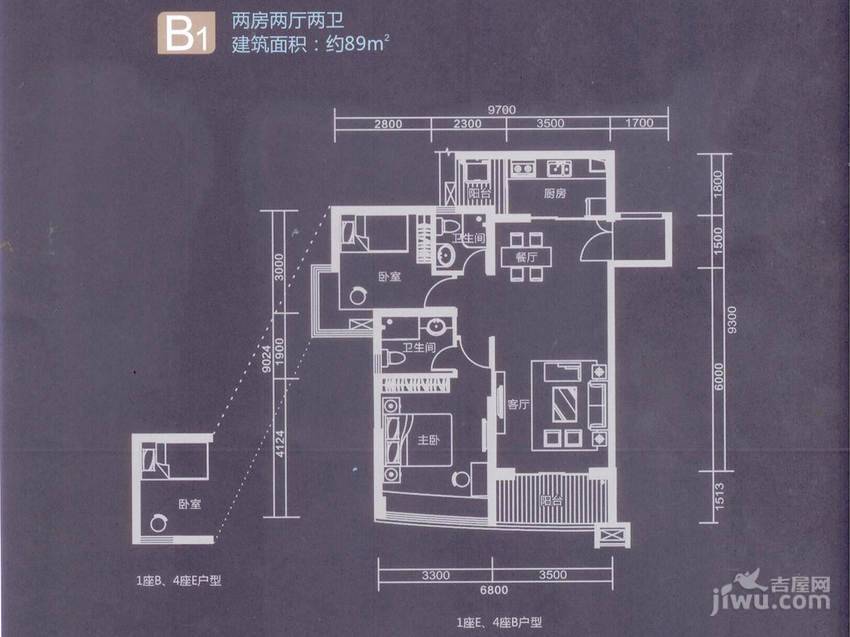 深物业廊桥国际2室2厅2卫89㎡户型图