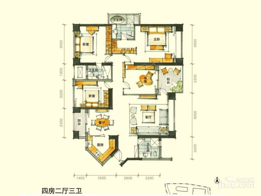 京基滨河时代广场4室2厅3卫185㎡户型图