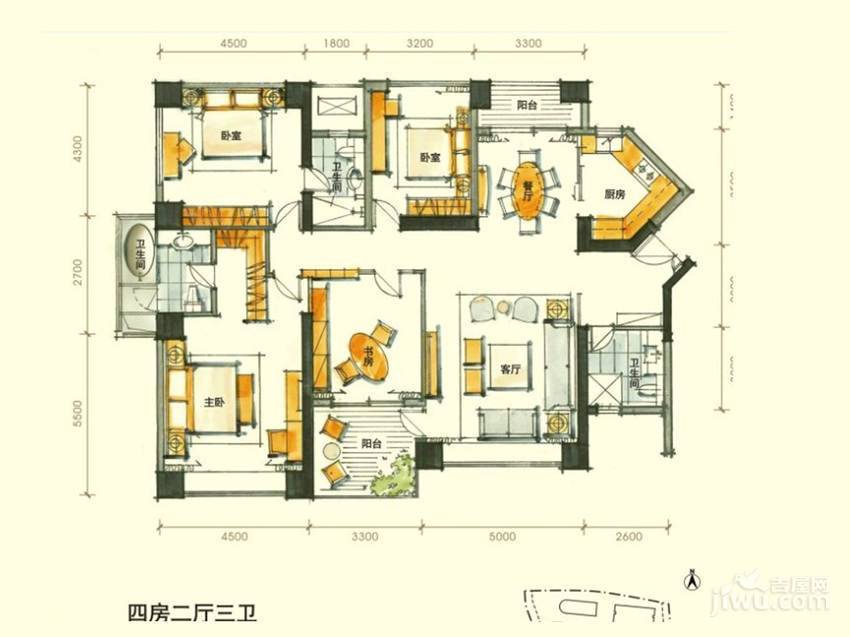 京基滨河时代广场4室2厅3卫181㎡户型图