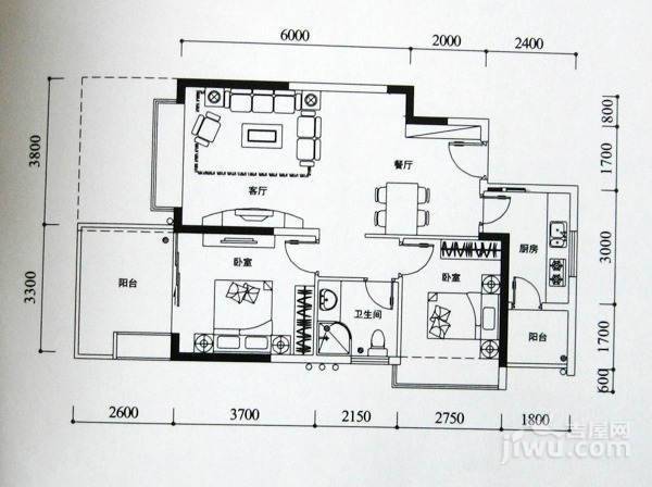 兰溪谷国际公寓2室1厅1卫83㎡户型图