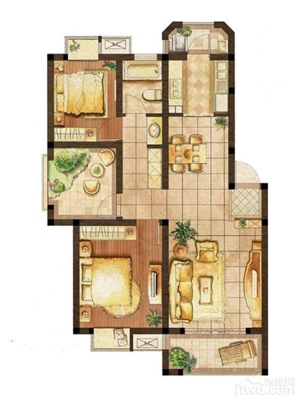 越湖家天下三期香舍2室2厅1卫90㎡户型图