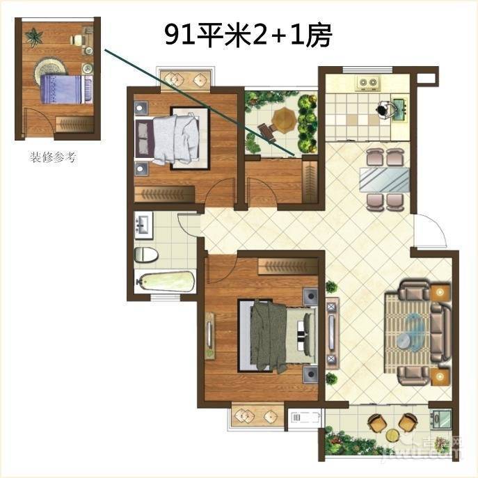 格林悦城3室2厅1卫91㎡户型图