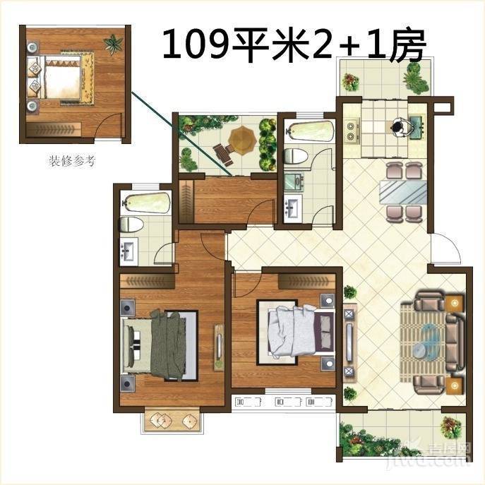 格林悦城3室2厅2卫109㎡户型图