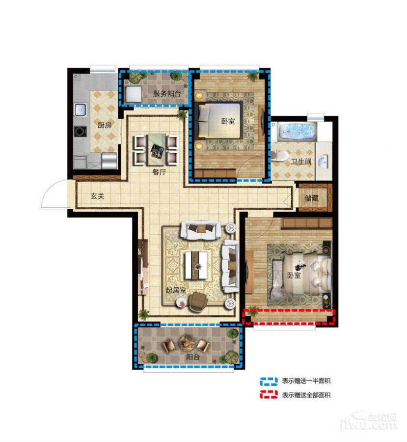 望湖湾2室2厅1卫95㎡户型图