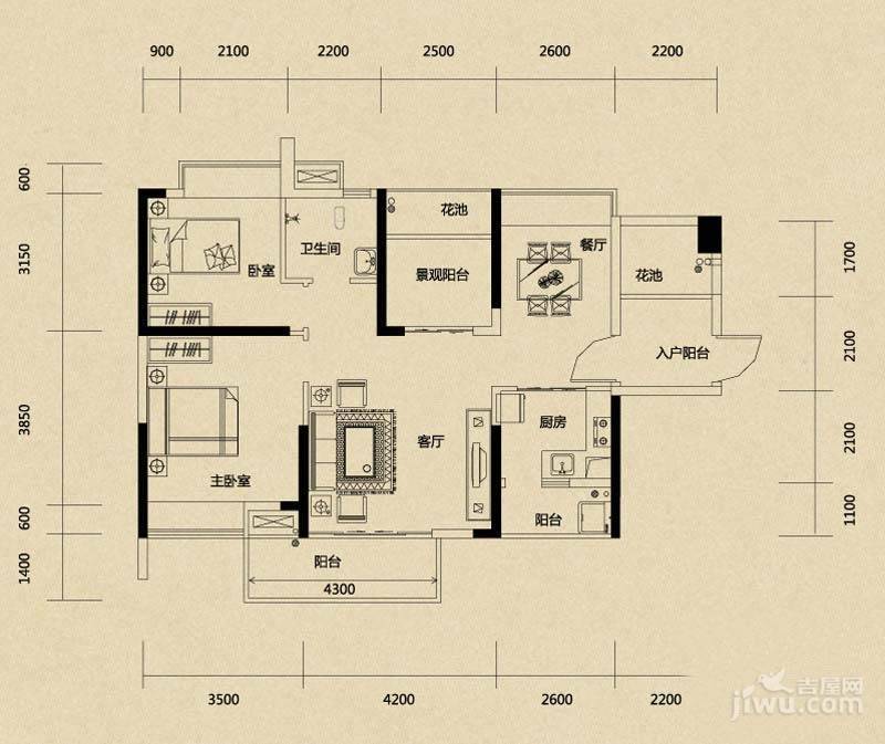 城南故事2室2厅1卫89㎡户型图