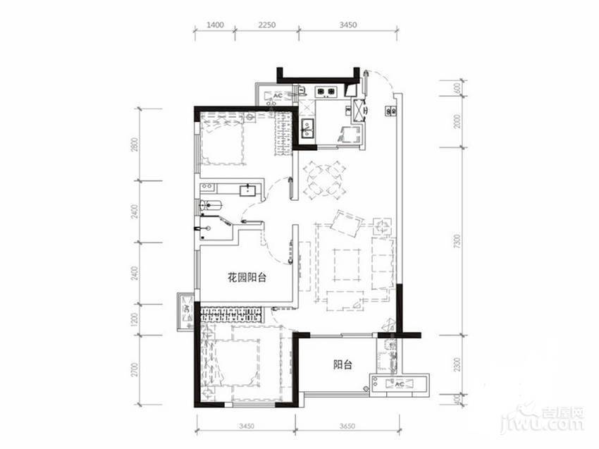 万科白鹭郡3室2厅1卫90㎡户型图