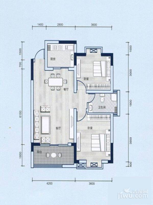 西源鑫大厦2室2厅1卫92.6㎡户型图