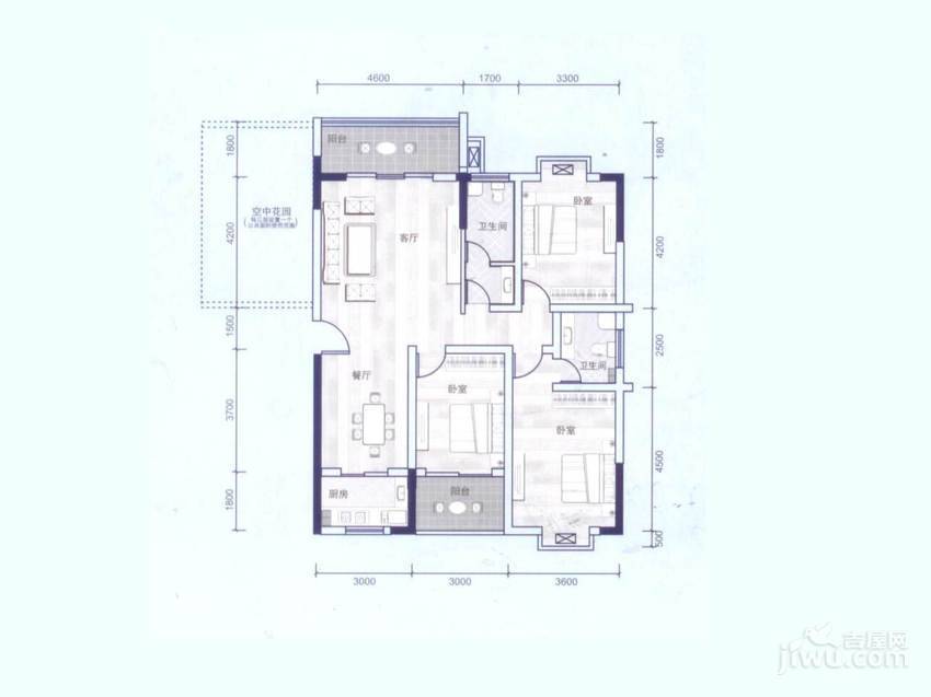 西源鑫大厦3室2厅1卫96.3㎡户型图