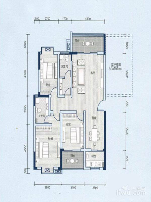 西源鑫大厦3室2厅2卫141.1㎡户型图