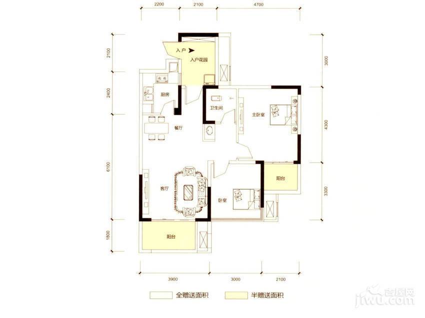 长房时代城2室2厅1卫89.5㎡户型图