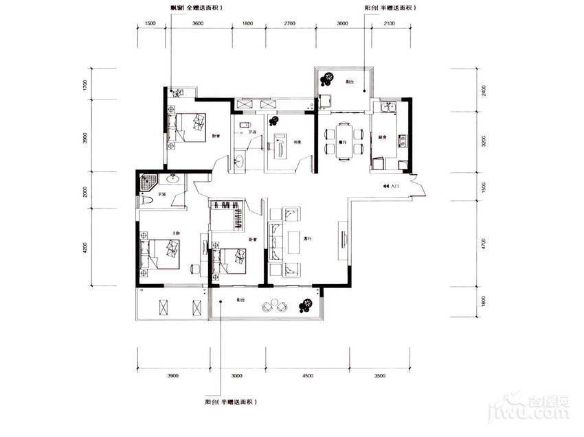 长房时代城4室2厅2卫157.9㎡户型图