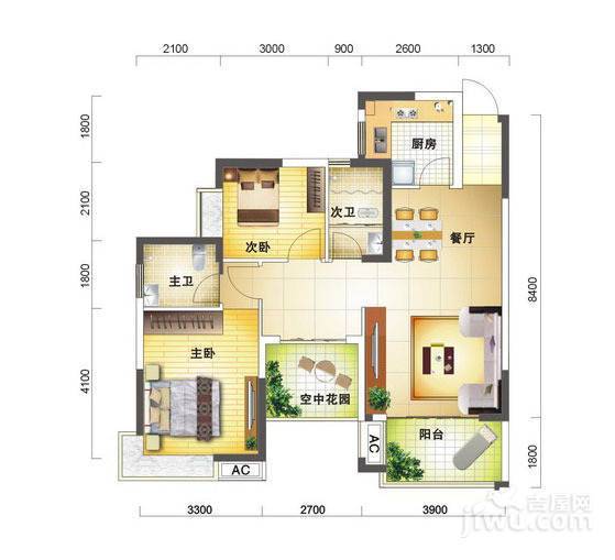 高信向日葵2室2厅2卫90㎡户型图