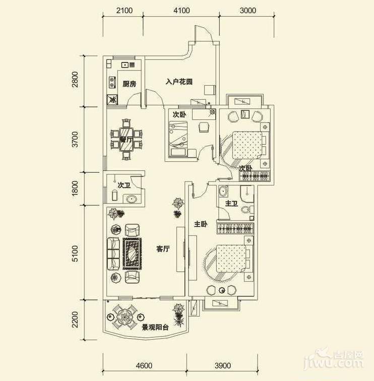 江山韵3室2厅2卫128.8㎡户型图