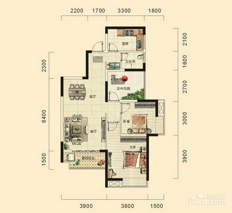 湘府十城2室2厅1卫89.6㎡户型图