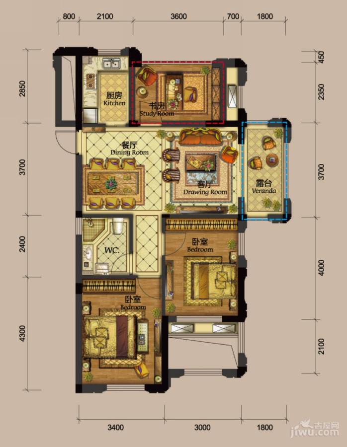 德信北海公园3室2厅1卫89㎡户型图