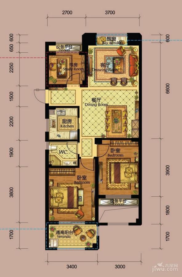 德信北海公园3室2厅1卫89㎡户型图