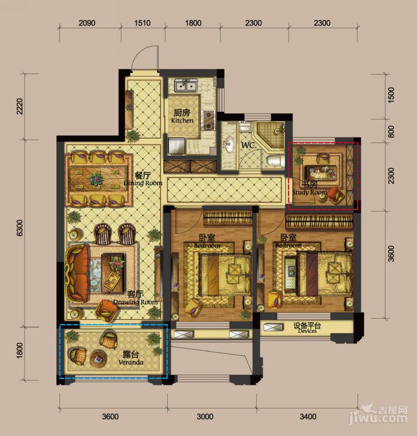 德信北海公园3室2厅1卫89㎡户型图