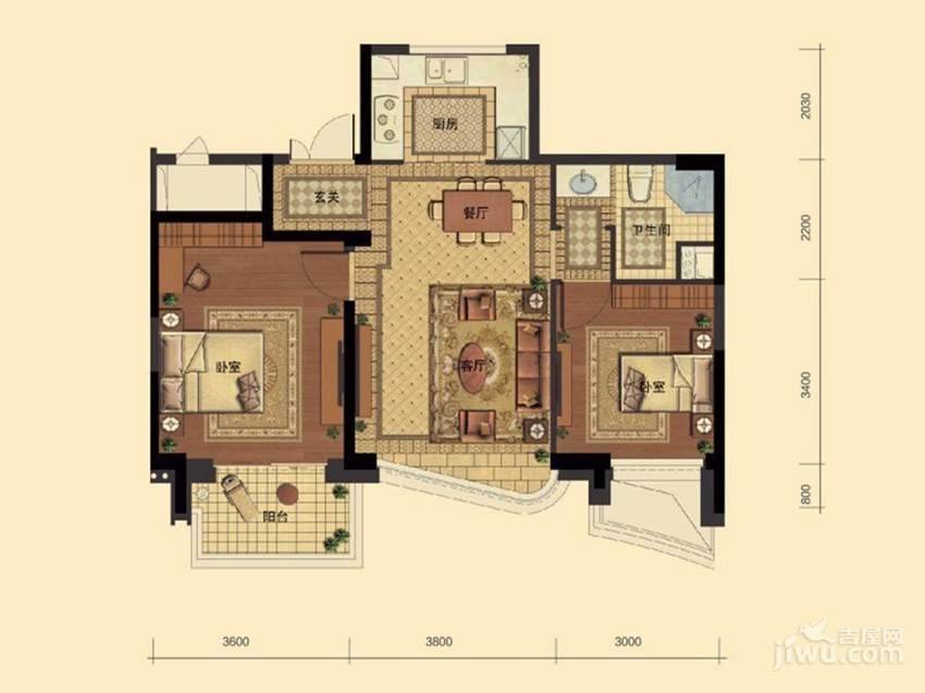 东方御府2室2厅1卫88㎡户型图