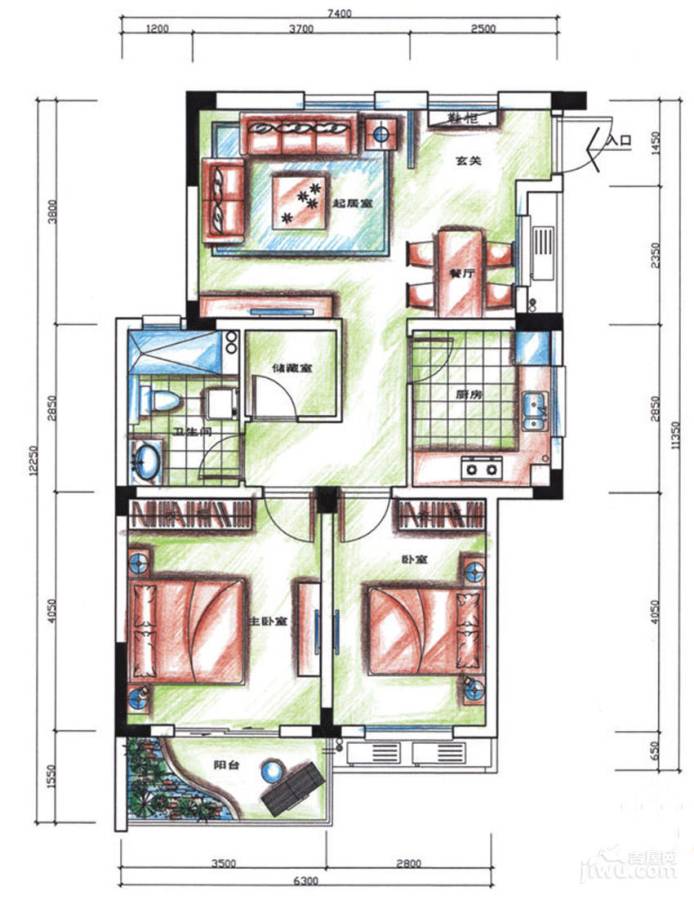 坤和和家园2室2厅1卫89㎡户型图