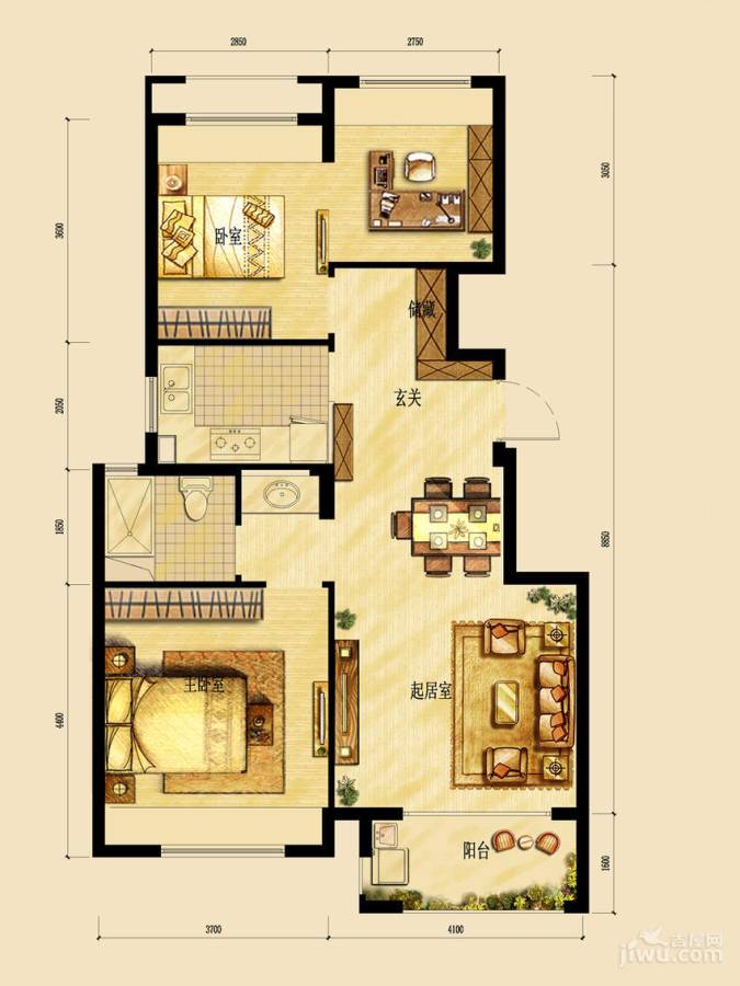 复地又一城2室1厅2卫89㎡户型图