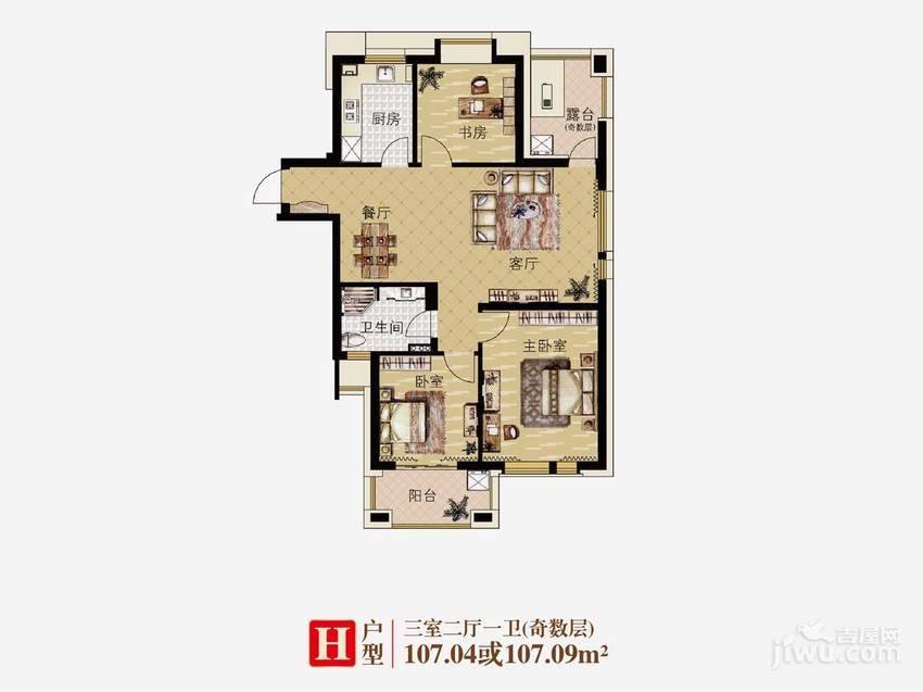 大美公寓3室2厅1卫107㎡户型图